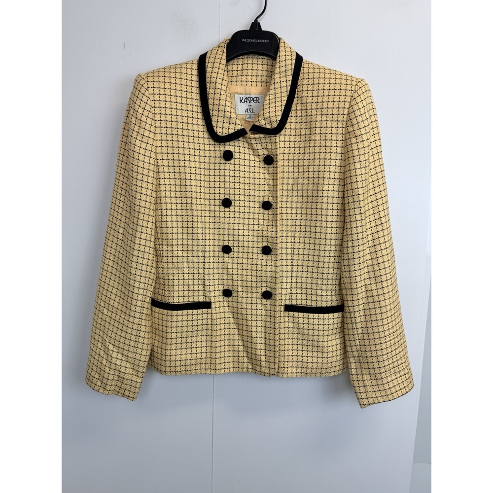 Kasper A.S.L. Womens Size 6 Preppy Double Breasted Jacket Yellow Tweed Checkered